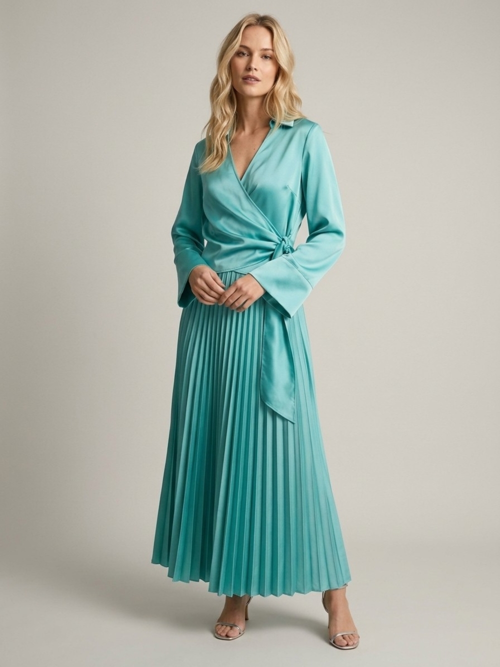 Zara Women's Teal Satin Glossy Fluid V Neck Wrap Long Sleeves Blouse Medium